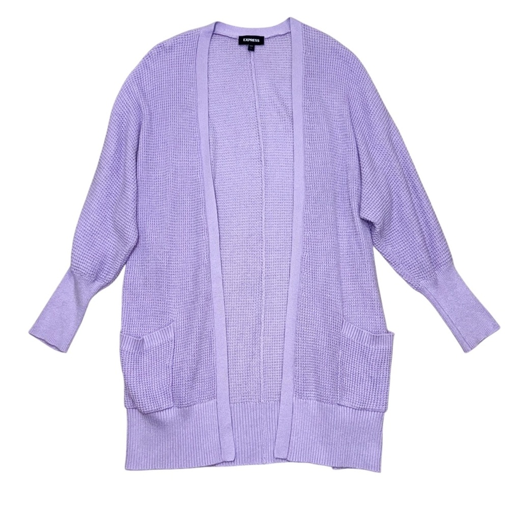 EXPRESS Waffle Knit Sweater Cardigan Lilac Purple Long Duster with Pockets Large